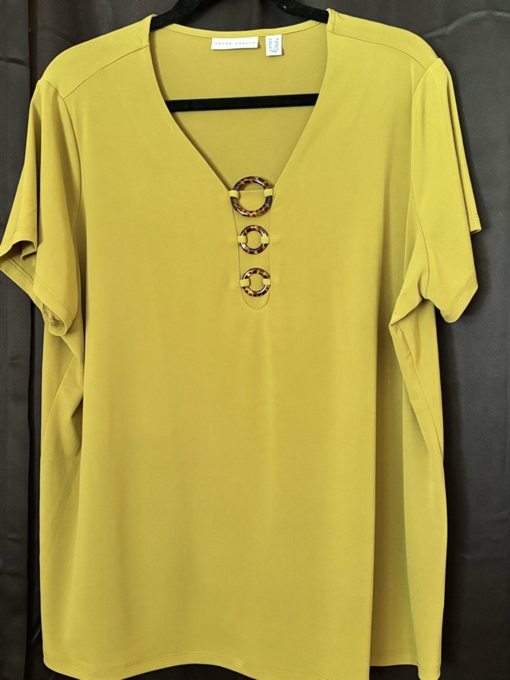Susan Graver Short Sleeve V-Neck Top in Olive Mustard with Tortoiseshell Rings